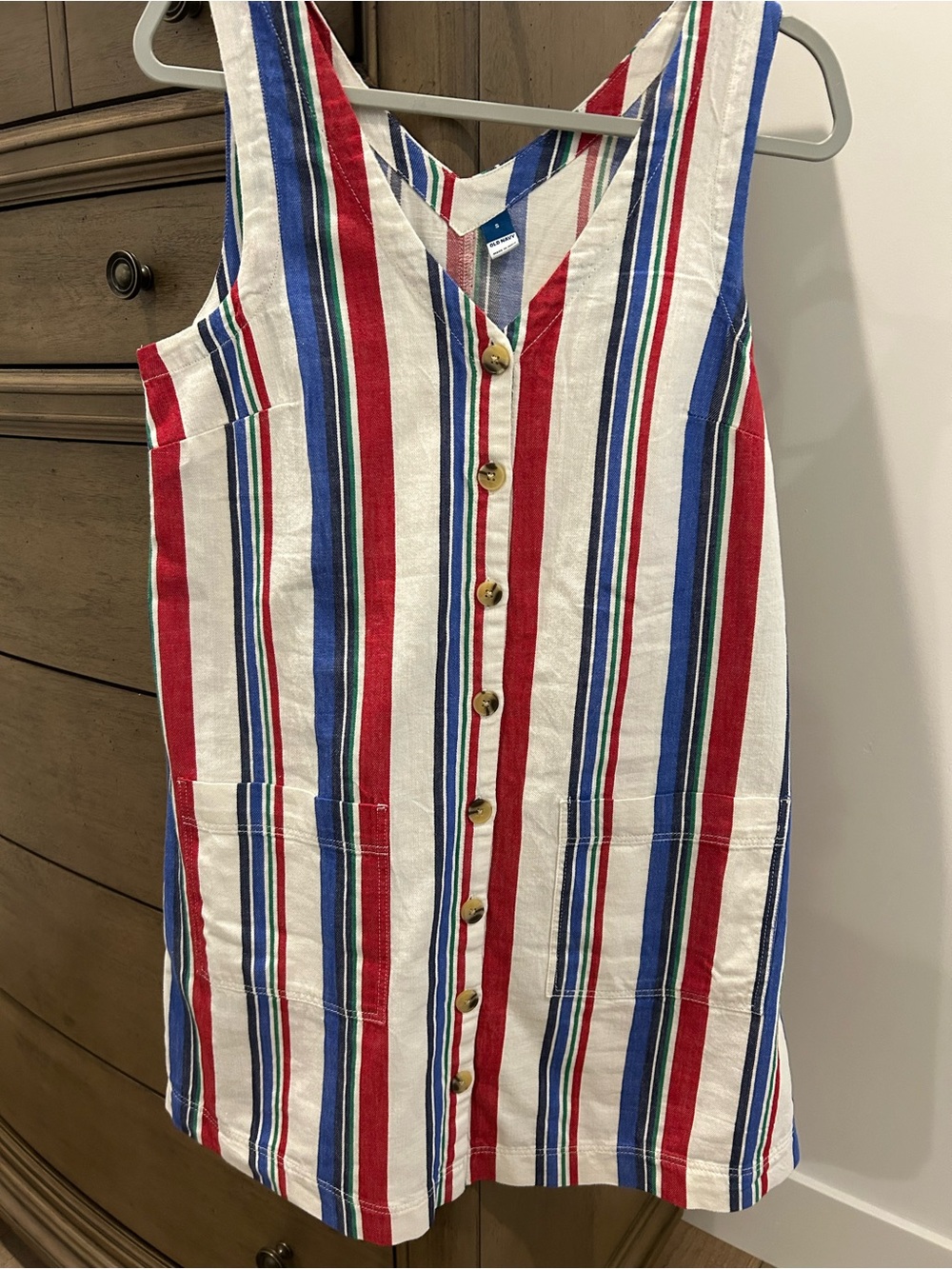 Old Navy Striped Button-Front Tank Dress in Red, Blue, Green, and White